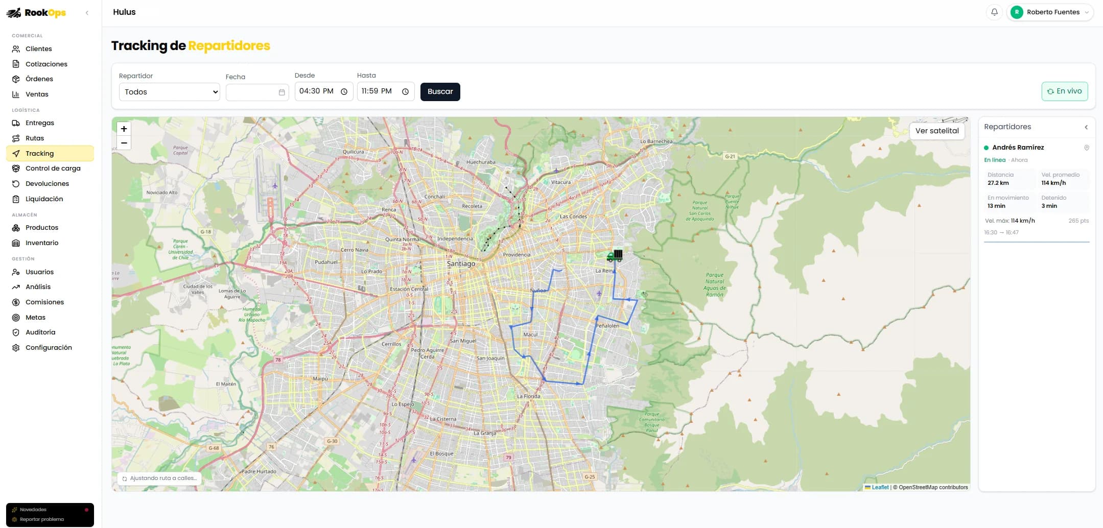 RookOps en acción — ruta y seguimiento en vivo