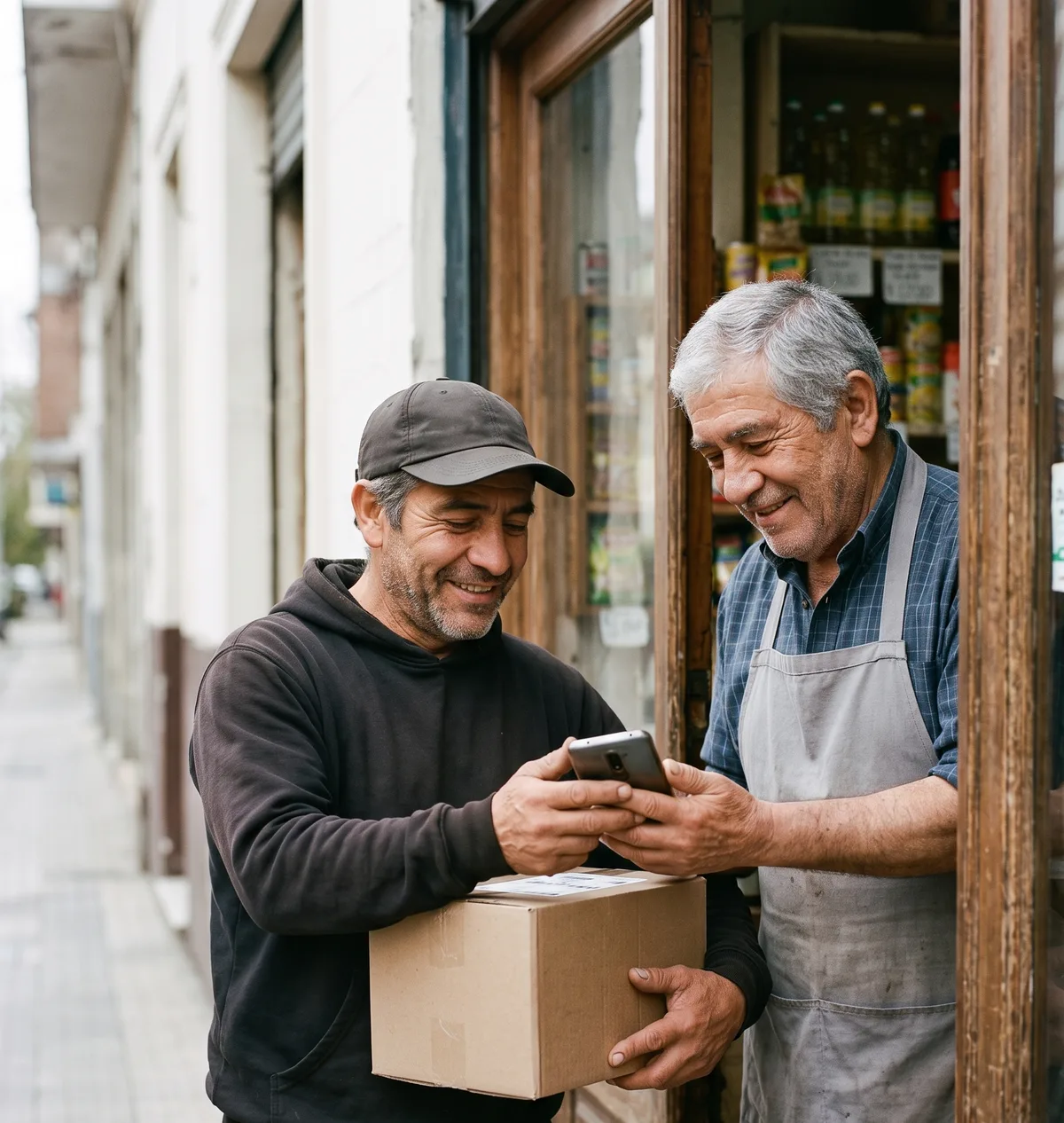 Repartidor entregando una caja en un almacén de barrio mientras confirman la entrega en el celular