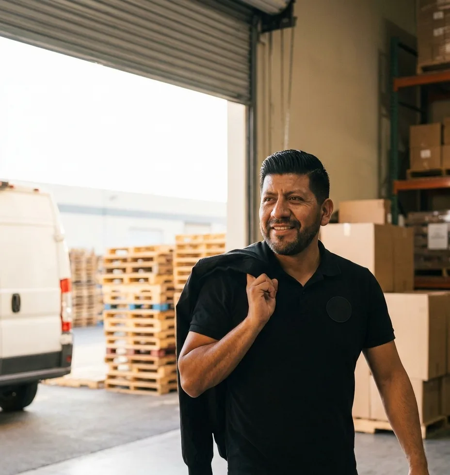 Dueño de distribuidora saliendo temprano de su bodega con la chaqueta al hombro, tranquilo